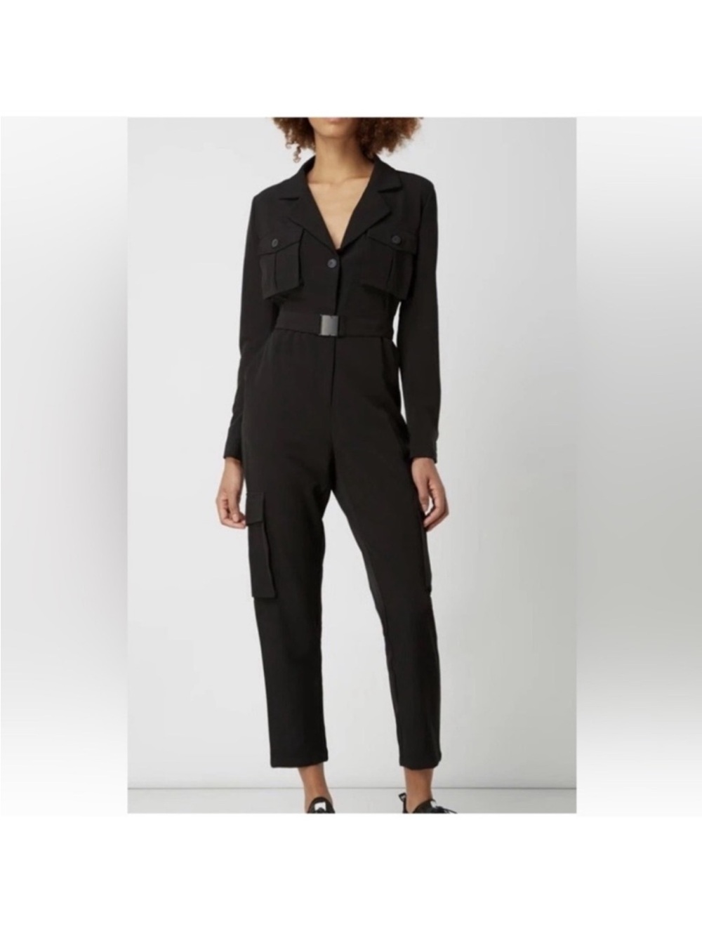 BARDOT BETHANY CARGO JUMPSUIT Sz S EU 38 BLACK V Neck Long Sleeve Collared